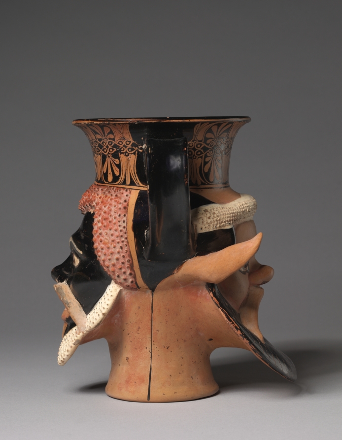 Greek Pottery: Double-Headed Cantharos, Satyr + Mature African&nbsp;Male